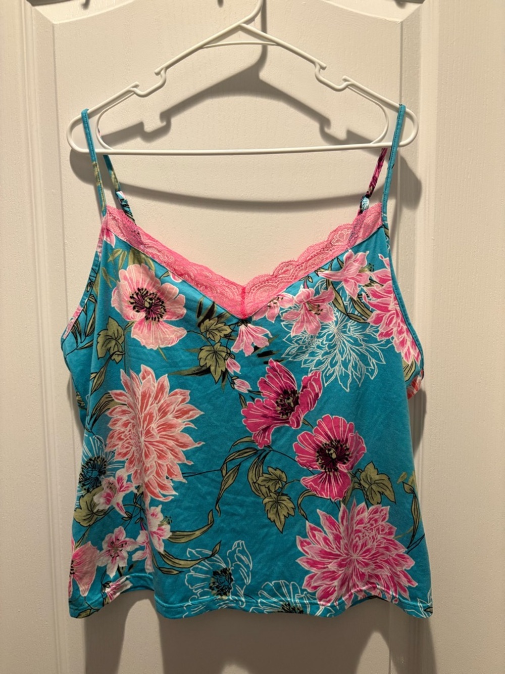 Y2K Secret Treasures Floral Camisole lace trim in Teal with Pink Trim
